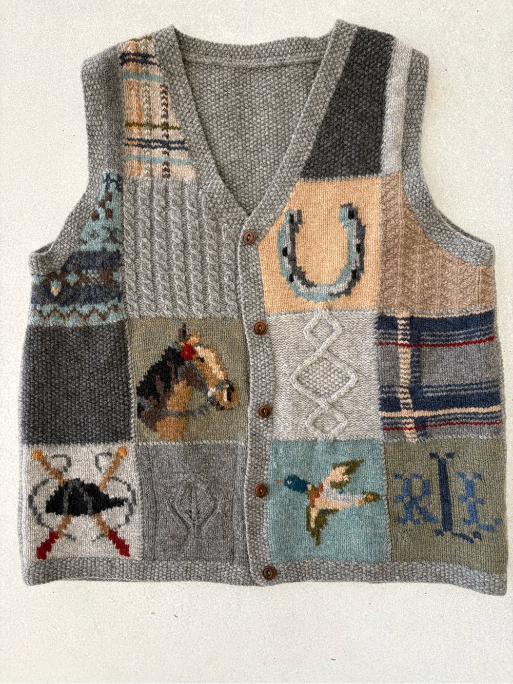 RARE Vintage Lauren Ralph Lauren Hand Knit Patchwork Equestrian Wool Vest